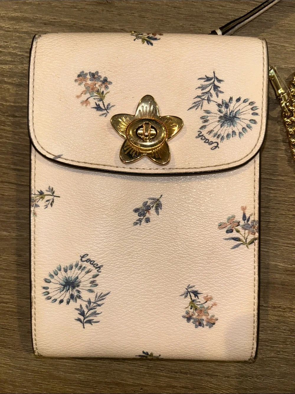 Coach Cream Floral Crossbody Phone Pouch, Gold & Leather Chain - like new!